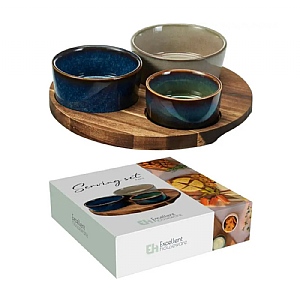 Ceramic Serving Bowls with Round Wooden Tray (20cm)
