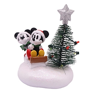 Disney Figurine Mickey and Minnie on a sled with a Christmas Tree