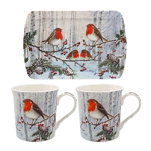 Christmas Robins Mugs With Tray