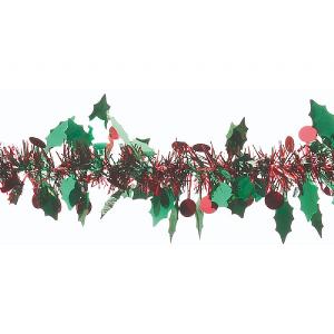 Festive Green Die Cut Holly & Red Berry Tinsel - 2m