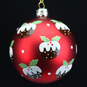 Gisela Graham Matt Red Ball With Christmas Puddings - 80mm