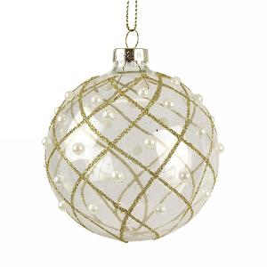 Gisela Graham Clear Glass Bauble with Gold Glitter & Pearl Trellis