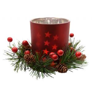 Decoris Red Glass Tealight Holder with Wreath