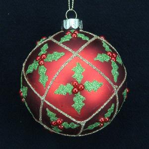 Gisela Graham Matt Red Ball With Holly Trellis - 80mm
