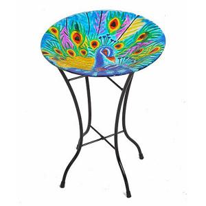 Hand Painted Peacock Glass Birdbath