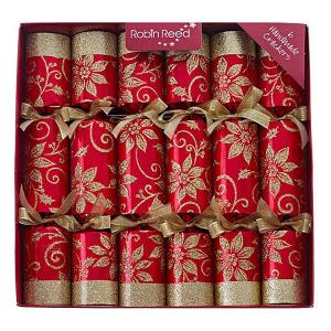 Robin Reed Poinsettia Sparkle 12" Christmas Crackers Pack of 6