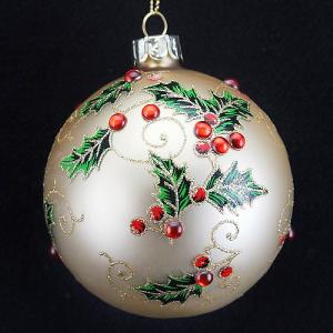 Gisela Graham Matt Gold Glass Ball With Diamante Holly - 80mm