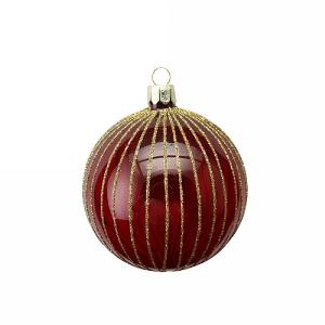 Gisela Graham Clear Red Glass Bauble with Gold Glitter Stripes 80mm