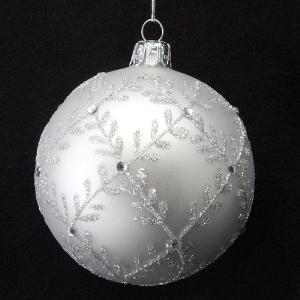 Matt White with Silver Glitter Leaf Trellis Bauble 80mm