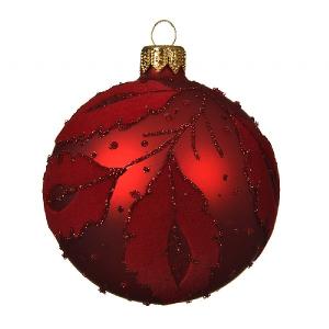 Decoris Red Glass Bauble with Flock Leaf 8cm