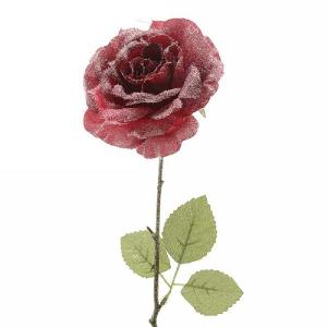 Christmas Red Silk Rose with Snow on Stem 45cm