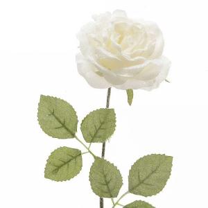 White Silk Rose with Snow on Stem 45cm