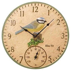 Outside In Blue Tit Wall Clock & Thermometer 12"