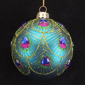 Gisela Graham Peacock Feather Scalloped Glass Bauble 80mm