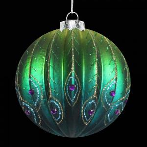 Gisela Graham Ribbed Glass Peacock Bauble 80mm