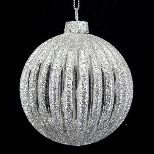 Clear Silver Glitter Ribbed Bauble 80mm
