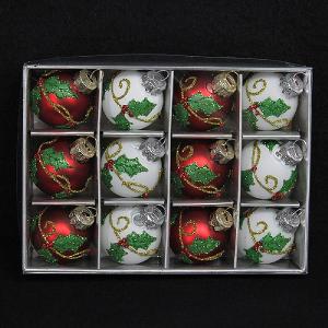Red White Mini Holly Glass Baubles Box 12