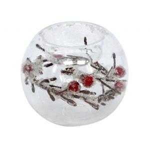 Gisela Graham Glass Tealight Holder with Frosted Twigs & Berries 6cm