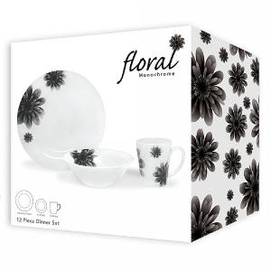 Floral Monochrome 12 Piece Dinner Set