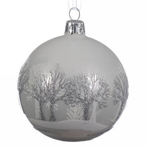 Winter White Glass Bauble With Two Tone Tree Line - 8cm