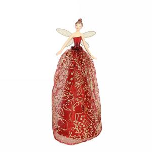 Gisela Graham Elegant Tree Top Fairy with Red & Gold Fabric Dress Large