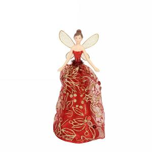Gisela Graham Elegant Tree Top Fairy with Red & Gold Fabric Dress Small
