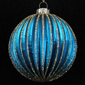 Gisela Graham Turquoise Ribbed Glass Ball With Gold Glitter Stripes