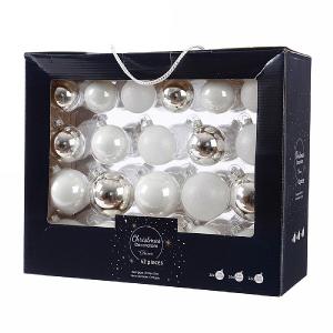 Decoris Box of 42 White & Silver Assorted Glass Baubles
